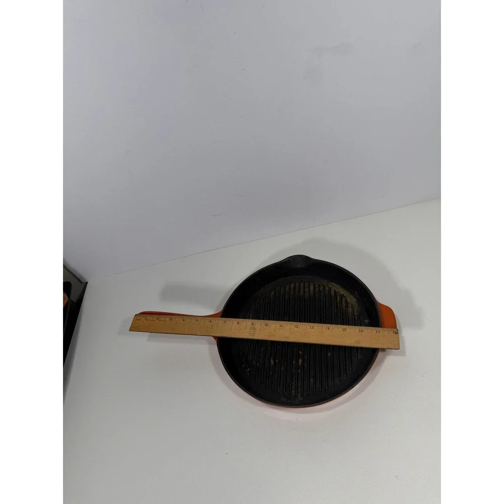 Orange Enameled Cast Iron Round Grill Pan Skillet with Ribbed Surface 10 inch